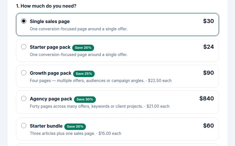 The sales page order form with prices and packs
