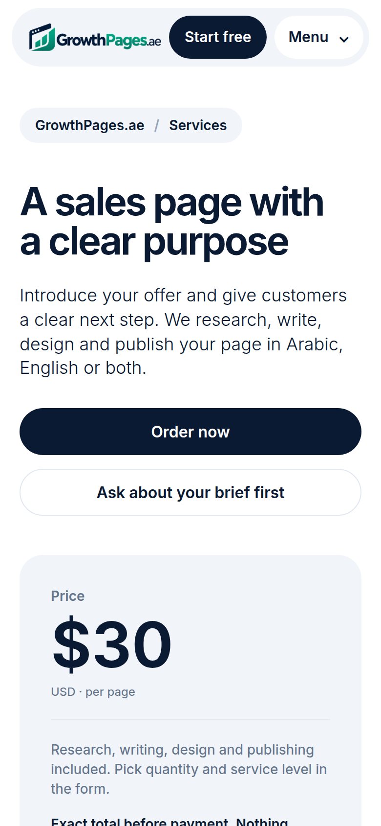 Our sales page service page, in English